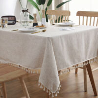 Nappe Rectangulaire Anti Tache Nappe Lavable Couleur Unie Gland Nappe Oblongue Coton Lin Housse de Table pour Cuisine Table à Manger Décoration de Buffet (Beige, 140x220 cm)