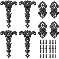8 charnières de porte, 26/60 cm, avec 28 vis, charnières de porte d'armoire sculptées antiques, charnières de porte en bois galvanisé noir en forme de T, conviennent aux armoires, boîtes à bijoux