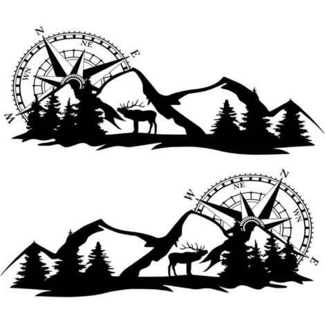 2pcs Stickers camping car, Autocollant de carrosserie latérale de voiture avec des motifs de montagne, de boussole et de cerf PVC noir autocollant autocollant de carrosserie autocollant
