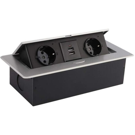Prise encastrable escamotable avec 2 prises pour plan de travail, comme prise de table ou prise au sol pour la cuisine, le bureau, l'agencement peu encombrant des emplacements