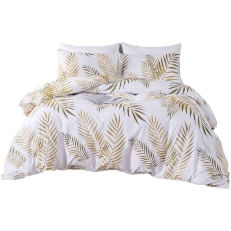 Duvet cover set 220 x 240 cm for 2 people and 2 x pillowcases 50 x 75 cm, bedding set made of 100% microfiber, golden tropical leaves, botanical pattern with zipper, white gold (1/5)