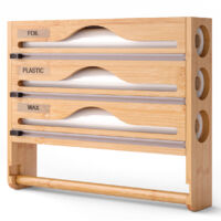 Distributeur Film Alimentaire et Papier Aluminium 3 en 1 – Support Cuisine Bambou avec Coupeur Précis, Porte Sopalin Mural/Tiroir, Rangement Organisé pour Rouleaux 30 cm (Bois, Trois étages)