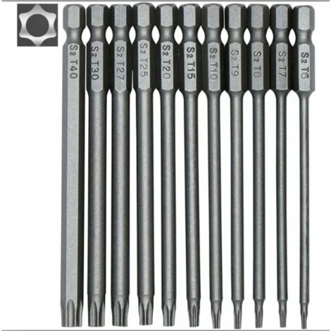 Jeu de 11 embouts longs Torx pour tournevis et visseuse électrique - Embouts magnétiques - Tige hexagonale de 1/4" - Tailles T6 à T40 - Longueur 100 mm (1/5)