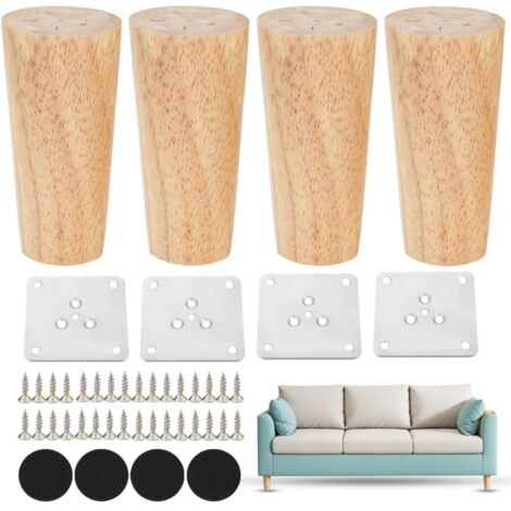 Pieds de meubles en bois - Lot de 4 pieds de table en bois - 10 cm - Pieds de meubles coniques de rechange - Pieds de meubles avec plaque de fixation et vis - Conviennent aux canapés, lits, armoires, (1/5)