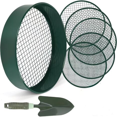 Tamis de jardinage en acier inoxydable de 30,5 cm avec 5 tamis fins remplaçables, 1 cuillère, tamis à sable, 3 mm, 5 mm, 8 mm, 10 mm, 12 mm (vert) (1/5)