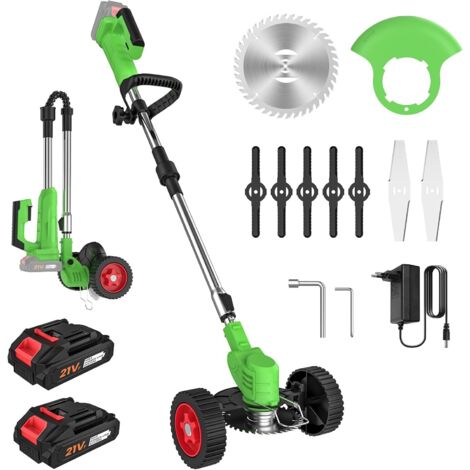 Debroussailleuse Electrique sans Fil 21V, Coupe Bordure sans Fil avec 2 Batterie et 3 Types De Lames, roulettes Amovibles, Réglable en Hauteur, Pliable Débroussailleuse à Batterie pour Jardin Élagage