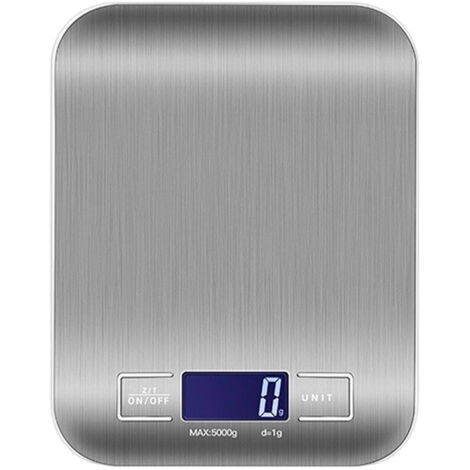 Balance de cuisine numérique, de qualité alimentaire précise, avec écran LCD rétroéclairé, plage de pesée de 5 kg/1 gramme, acier inoxydable (argent, piles non incluses) (1/5)