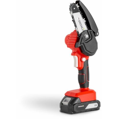Mini-Akku-Kettensäge, 4-Zoll-Sägeblatt, 10 cm Schnittlänge, Astschnitt, 1 kg, 1 Akku + 1 Ladegerät im Lieferumfang enthalten – Greencut GSM210L (1/5)