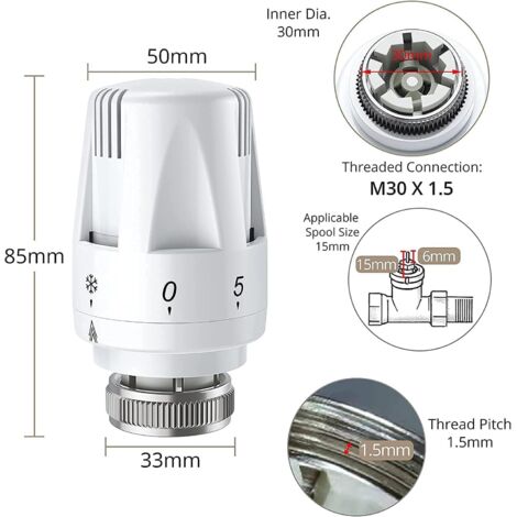 10 Testine Termostatiche M30 X 1.5 Per Termosifone – Valvole Manuali In ABS Bianco, Per Impianti Di Riscaldamento
