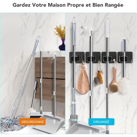 Porta Scopa Da Parete, Porta Scopa In Acciaio Inox Con 3 Clip E 4 Ganci Organizer Da Parete Per Cucina Giardino Balcone Garage Viti E Nastro Adesivo Inclusi Grigio 81081697 - 3