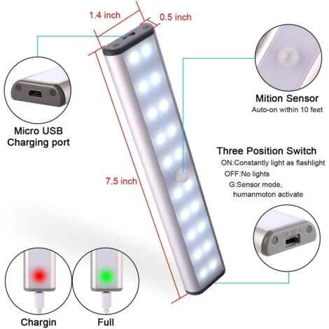 TANSOOL+ Luce LED Sottopensile Cucina, 3 Modalità di Colore Armadio LED con Sensore di Movimento, 20cm Luce Sottopensile Dimmerabile Lampada per Cucina, Guardaroba, Scale - 2 Pezzi
