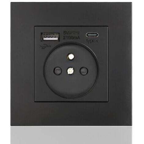 Pannello prese francese Type-c+USB16A tipo 86, numero di prese: 2 fori, numero di porte USB: 1, numero di porte Type-c: 1, sicuro e stabile (quadrato nero) (1/4)