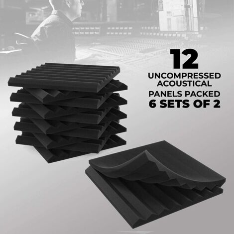 Confezione da 12 pannelli acustici a 8 fessure, 1 x 12 x 12 pollici, cunei fonoassorbenti in schiuma acustica per studio, pannelli resistenti al fuoco ad alta densità (neri) (1/5)