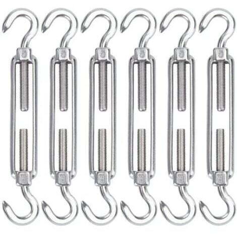 Tenditore per cavi in acciaio inossidabile M5, confezione da 6 ganci e ganci per tenditore in filo metallico, ganci e ganci regolabili per carichi pesanti per stendibiancheria con cavo, rete metalli (1/4)