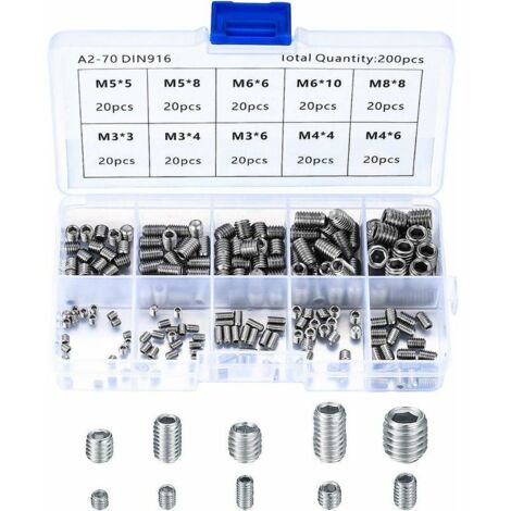Tornillos prisioneros de acero inoxidable, tornillos para máquina M3, M4, M5, M6 y M8, kit surtido de tornillos de punta (200 piezas) - INHHUB