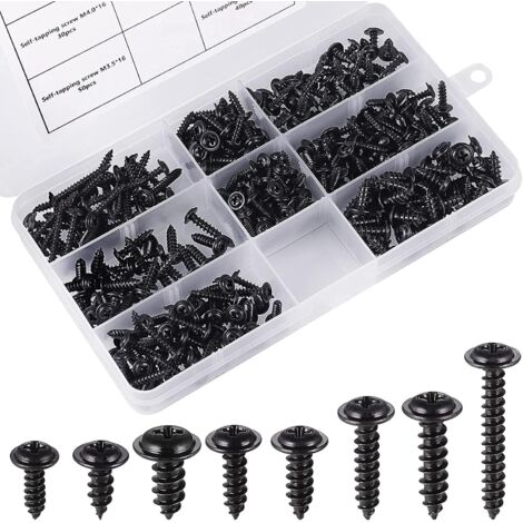 340 tornillos autorroscantes negros para chapa metálica, 8 tamaños diferentes, de acero inoxidable al carbono, de cabeza plana, de cruz, para madera, tamaño: M3.0-M4.8 -INHHUB (1/5)