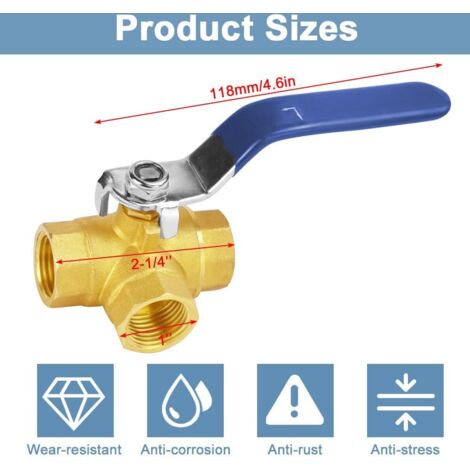 Válvula De Bola Tres Vías Latón - Tipo T, DN15 1/2", Para Agua Y Fluidos, Manija De Palanca Fácil De Usar
