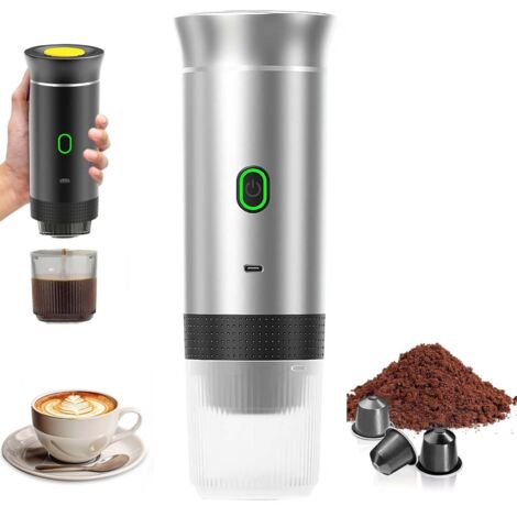Cafetera portátil de viaje INHHUB, 3 en 1, de calentamiento rápido, 12 V, autocalentamiento de 4 a 6 minutos, cápsulas grandes, café molido, para camping, oficina, hogar y coche, color plateado