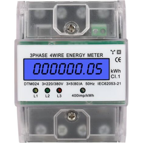 Medidor de electricidad 220/400 V 5-100 A, medidor trifásico, medidor digital de electricidad, medidor de KWh trifásico de 4 cables con riel DIN y pantalla LCD, medidor trifásico para sistemas de medi