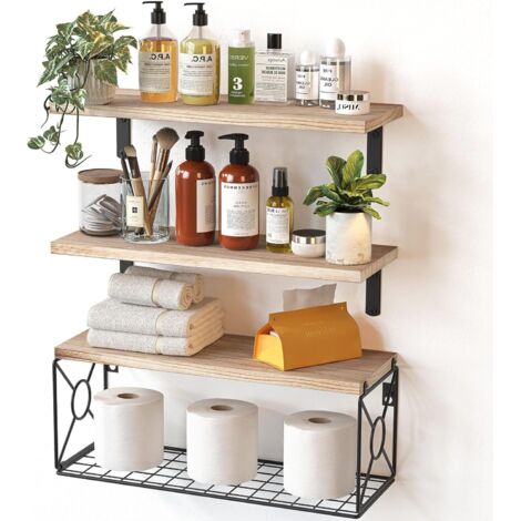 Lot de 3 Étagère Murale Bois avec Panier de Rangement en Fil métallique, étagères de Salle de Bain de pour Salle de Bain/Cuisine/Salon/Bureau, Lot de 3 + 1 (Rustique) (1/5)