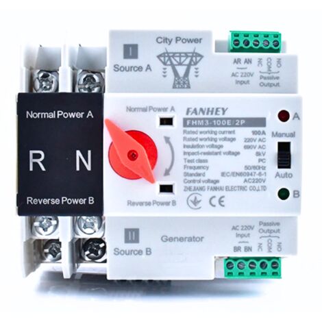 KZQ – Commutateur de transfert automatique double alimentation 2P 220 V – Courant 100 A – Puissance de coupure 6 kA – Installation sur rail (1/4)