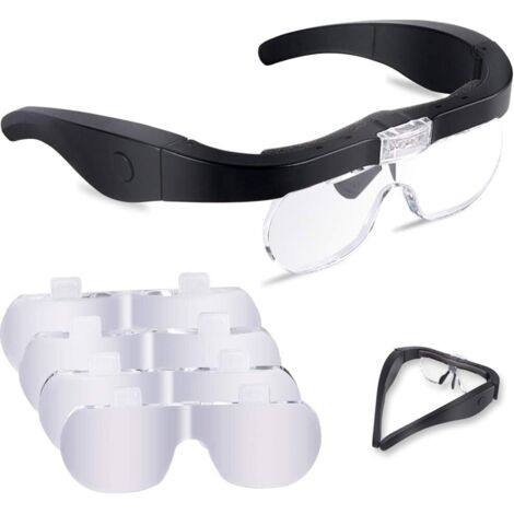 Lunette Loupe avec 2 LED, Frontale Grossissantes Casque Loupe Mains Libres avec 4 Lentilles Amovibles pour Lecture, Bijoutier, Couture, et Bricolage (1.5X-5X)