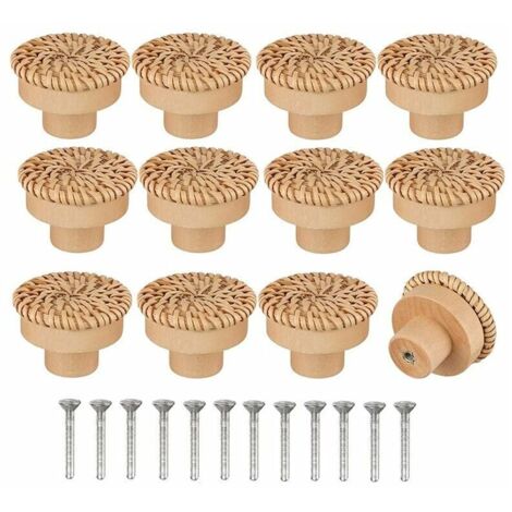 KZQ – Lot de 12 boutons de meuble en rotin naturel – 40mm x 30mm – Fabrication artisanale – Vis incluses pour installation facile