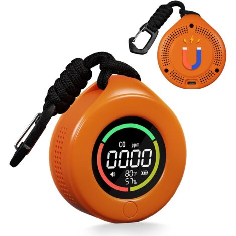 Détecteur de monoxyde de carbone portable, mini détecteur de température/humidité/CO 3 en 1, autonomie de 144 heures, batterie 1000 mAh, capteur d'alarme pour camping en plein air, etc. (Orange)