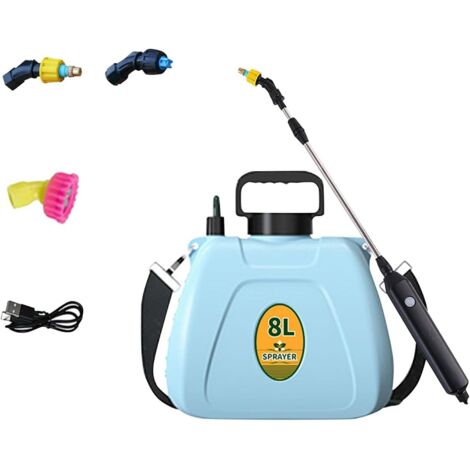 Pulvérisateur de jardin à batterie de 2 gallons, pulvérisateur électrique à 3 buses de brumisation avec poignée rechargeable par USB, bandoulière réglable(8 L) (Bleu) (1/5)