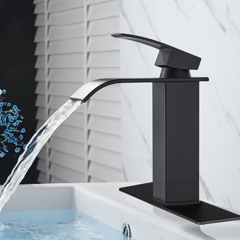 Robinet salle de bain/cuisine :,cascade mitigeur, anti-éclaboussures, économie d'eau, noir(Avec Tuyaux) (1/5)