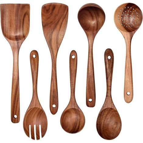 Ustensiles de Cuisine Bois - Set de Cuisine Premium 7Pièces - Ensemble d'Ustensiles en Bois de Teck Facile à Nettoyer - Matériau Léger, Résistant à la Chaleur, Durable & Anti-Rayures (1/5)
