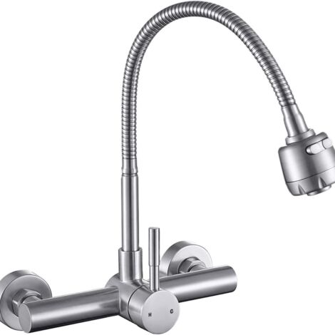 Chromé Robinets de cuisine à montage mural, mitigeur d'évier en acier inoxydable brossé, eau chaude et froide, 2 types modes sortie d'eau, robinet mural bec pivotant( Sans Tuyaux) (1/5)