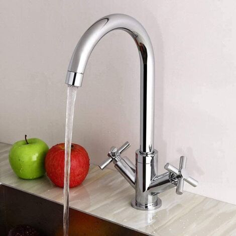 Robinets d'évier de Cuisine en Acier Inoxydable brossé, Double poignée pouvant être tournée à 360 °, Robinet mitigeur lavabo, d'eau Chaude et Froide, sans Plomb sans（Sans Tuyaux） (1/4)