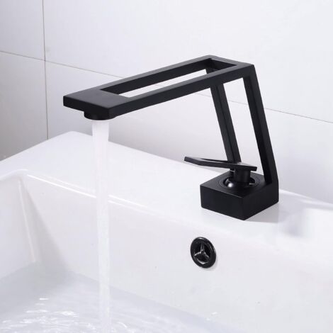 Robinet de salle bain Noir Mat pour 1 trou, design créatif contemporain, Valve en Céramique,l’Eau Froide & Chaude Réglable,montage sur pont moderne(Avec Tuyaux) (1/5)
