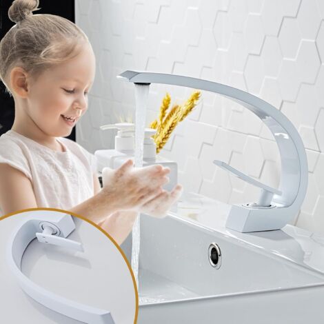 Robinet de lavabo de salle de bain moderne à un trou et une poignée, ,Mitigeur Lavabo,Eau Chaude et Froide,Blanc mat élégant(Sans Tuyaux) (1/4)
