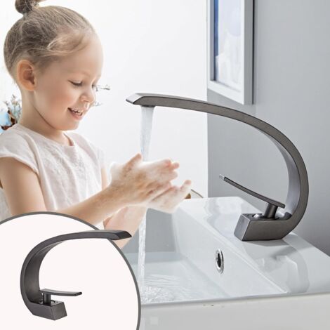Robinet de lavabo de salle de bain moderne à un trou et une poignée, ,Mitigeur Lavabo,Eau Chaude et Froide,Gris acier(Avec Tuyaux) (1/4)
