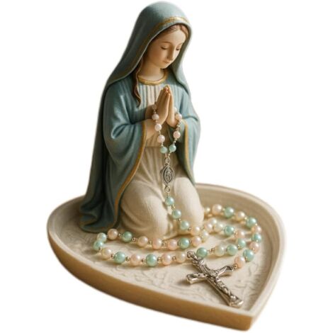Support De Chapelet Vierge Marie En Résine Sculptée à La Main 13 Cm - Base Cœur Anti-Nœuds Pour Rangement Parfait Et Décoration D'Autel