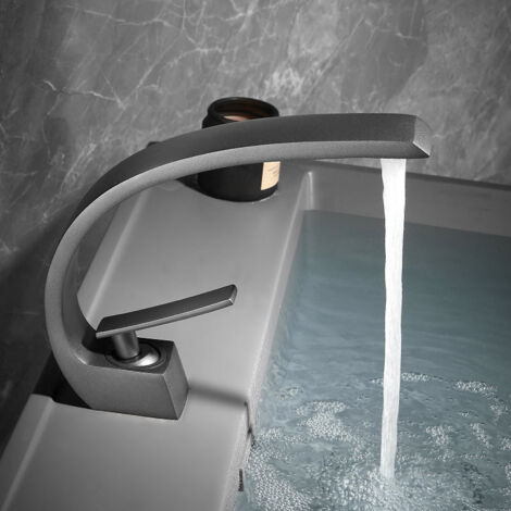 Robinet de lavabo de salle de bain moderne à un trou et une poignée, ,Mitigeur Lavabo,Eau Chaude et Froide,Gris acier(Sans Tuyaux) (1/4)