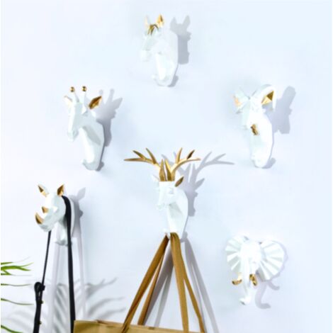 6 Pièces Crochets Patères Porte Manteau Mural Tête d'Animal Cerf Éléphant Chèvre Crochets Decoratif Murale Créatif en Résine Rétro Vintage Crochet de Porte pour Entrée Chambre Salle de Bain,Or blanc