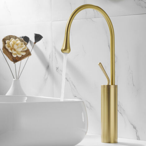 Robinets de lavabo vasque en or brossé, laiton non laqué simple, avec col cygne à longue portée et arche haute, robinet pivotant contemporain unique élégant forme larme(Avec Tuyaux) (1/5)