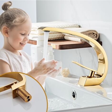 Robinet de lavabo de salle de bain moderne à un trou et une poignée, ,Mitigeur Lavabo,Eau Chaude et Froide,Or(Avec Tuyaux) (1/4)