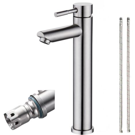Robinet de lavabo de salle de bain, robinet en acier inoxydable SUS304 pour eau chaude et froide en nickel brossé, poignée unique, montage sur pont(Avec Tuyaux) (1/5)