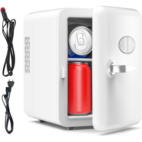 Mini Frigo de Chambre, 4 Litres/ 6 Canettes, 220 V CA/12 V CC Refroidissement thermoélectrique, Nourriture, Beauté, Bureau, Dortoir, Voiture(Blanc)