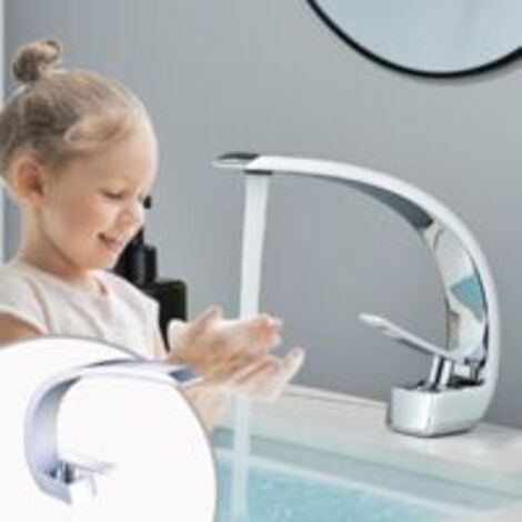 Robinet de lavabo de salle de bain moderne à un trou et une poignée, ,Mitigeur Lavabo,Eau Chaude et Froide,Chromé(Sans Tuyaux) (1/5)