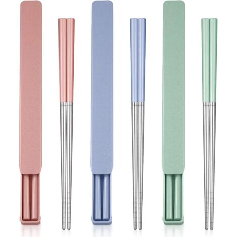 3 paires de baguettes portables avec étui Baguettes en acier inoxydable et poignée de paille de blé Ustensile portable réutilisable pour l'école Bureau à domicile Camp Voyage Bento Box (1/5)
