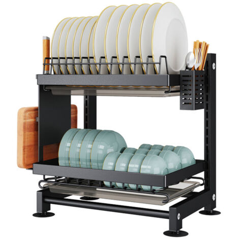 Égouttoir à Vaisselle Pliable En Teck - 2 Niveaux, Avec Porte-ustensiles, Neuf