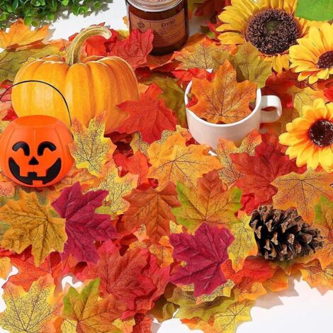 200 feuilles d'érable simulées en quatre couleurs, idéales pour les décorations de fête de Thanksgiving et du festival des récoltes (1/4)