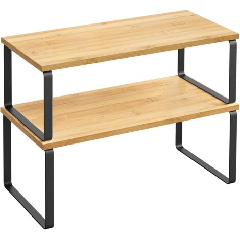 Étagère à Épices, Lot de 2, Organisateur de Placard, Étagère de Rangement de Cuisine Extensible, Porte-épices Employable, En Métal, Bois d'Ingénierie, Noir d'encre et Beige Naturel