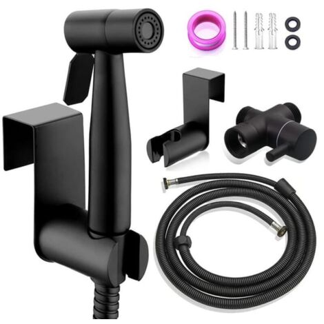 Kit de Pulvérisateur de toilette pour bidet, Pulvérisateur à main en acier inoxydable, avec T-valve G1/2" et un adaptateur G3/8" - pour l'hygiène Personnelle (Noir) (1/5)