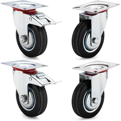 Roulettes de transport de meubles de 100 mm, 4 roulettes d'équipement, 2 roulettes pivotantes + 2 roulettes pivotantes avec frein